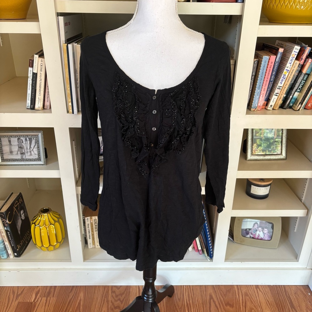 NEW Ralph Lauren Denim & Supply Black Scoop Neck Ruffle Henley Cottagcore Medium